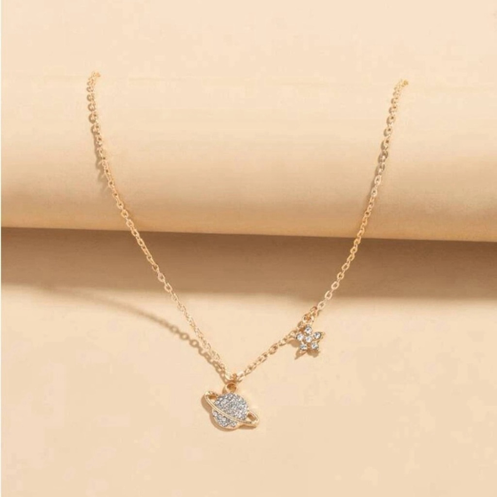 ⚠️Clearance Yellow Gold Rhinestone Planet Charm Necklace SS - Picture 2 of 5